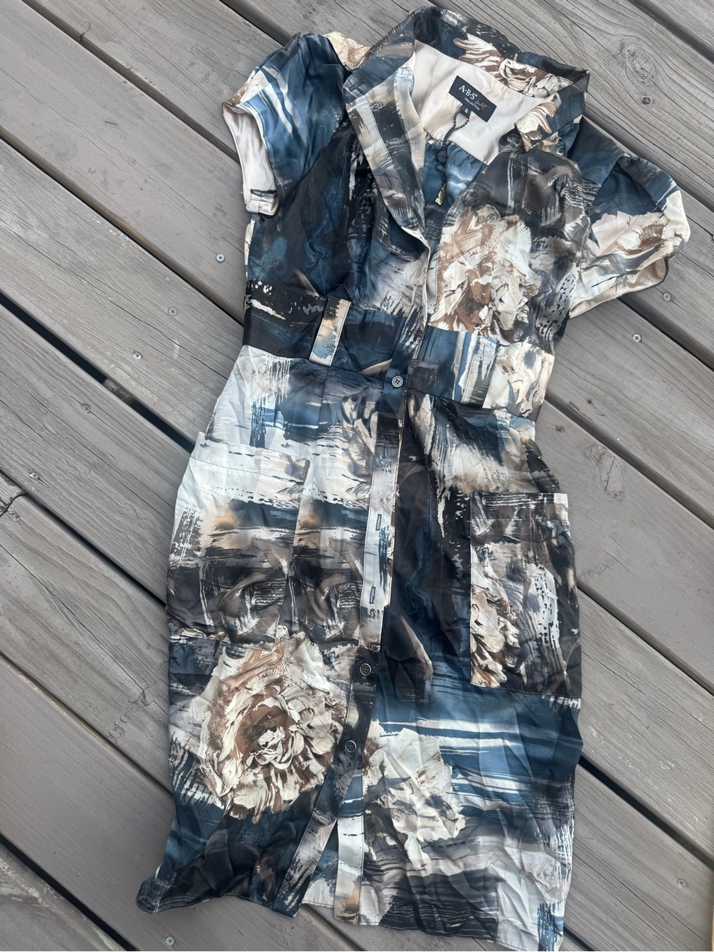 ABS by Allen Schwartz Abstract Floral Button-Front Dress in Blue & Cream